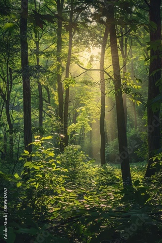 A lush green forest with sunlight shining through the trees. The sunlight creates a warm and inviting atmosphere