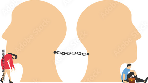 Chained couple heads, Man and woman confined with strong dependence chain. Flat vector illustration

