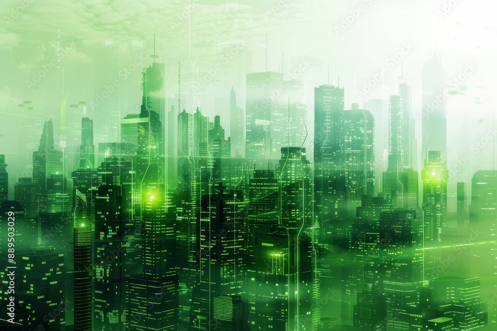 A futuristic cityscape with a green glow and digital lines overlaying the buildings. The image depicts a vision of a connected and advanced urban environment. A futuristic cityscape with a green glow and digital lines overlaying the buildings. The image depicts a vision of a connected and advanced urban environment.