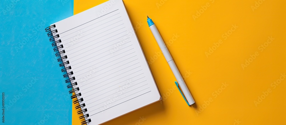 Top view of a school notebook on a yellow background, with a notepad on a table, creating a scenic copy space image. Top view of a school notebook on a yellow background, with a notepad on a table, creating a scenic copy space image.