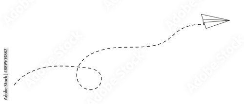 Origami plane icon with dotted path line. Travel, voyage or business trip concept. Online message symbol. Freedom or creativity concept. Delivery or destination sign. Vector outline illustration.