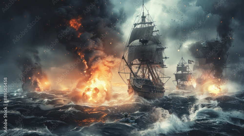 Illustration of a warship firing cannons with a tense atmosphere of war, created with generative AI Illustration of a warship firing cannons with a tense atmosphere of war, created with generative AI