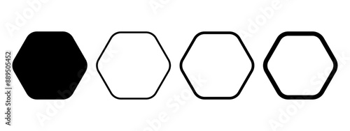 Set of geometric figures with 6 rounded corners. Hexagon or honeycomb shapes and frames isolated on white background. Vector graphic illustration.