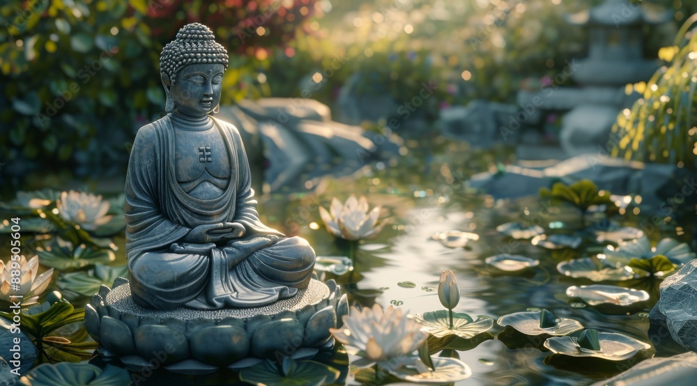 Buddha Statue Meditating in Tranquil Garden Pond Buddha Statue Meditating in Tranquil Garden Pond
