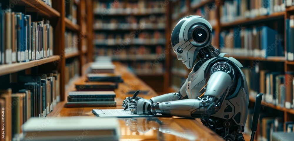 A White Robot Writes in a Library, Surrounded by Bookshelves A White Robot Writes in a Library, Surrounded by Bookshelves