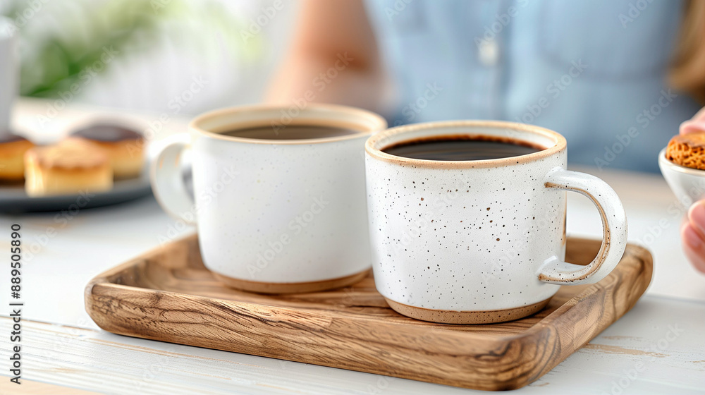 Hot Coffee with Ceramic Mugs on a Wooden Tray. Refreshing Morning Beverage for Relaxation Hot Coffee with Ceramic Mugs on a Wooden Tray. Refreshing Morning Beverage for Relaxation
