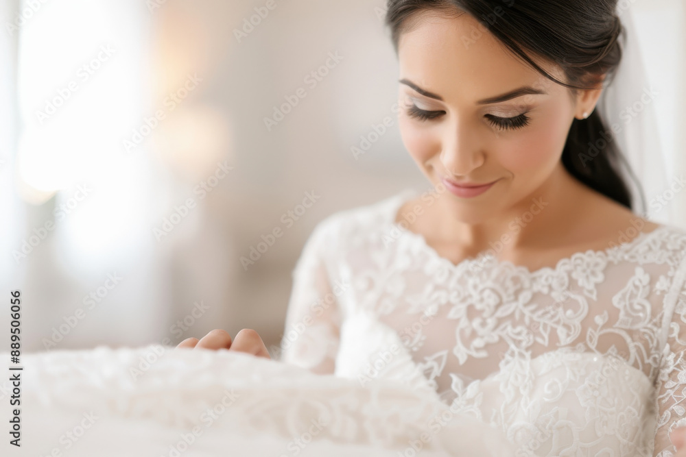 Elegant bride in delicate lace wedding dress gazing down peacefully, capturing a romantic moment on her special day, full of love and joy. Elegant bride in delicate lace wedding dress gazing down peacefully, capturing a romantic moment on her special day, full of love and joy.