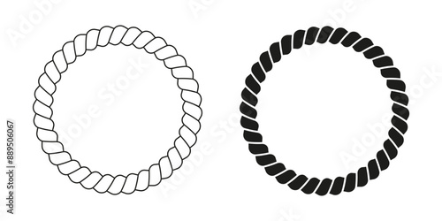 Black and white round rope frames. Cord or thread, steel cable or hemp twine circular borders. Jute rings. Design elements in yacht or nautical style. Vector graphic illustration.