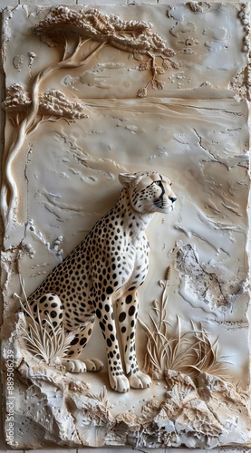Beautiful cheetah 3d relief wallpaper. Mural wallpaper. Wall art. AI generated illustration