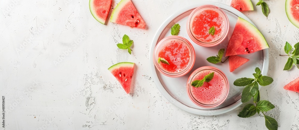 Watermelon smoothie in glass jars with slices on a plate with a white backdrop, shot from above for a copy space image. Watermelon smoothie in glass jars with slices on a plate with a white backdrop, shot from above for a copy space image.