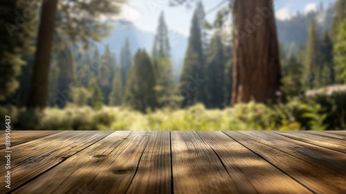 Fototapeta Naklejka Na Ścianę i Meble -  a close up of a rustic empty wooden table with blurred pine forest background