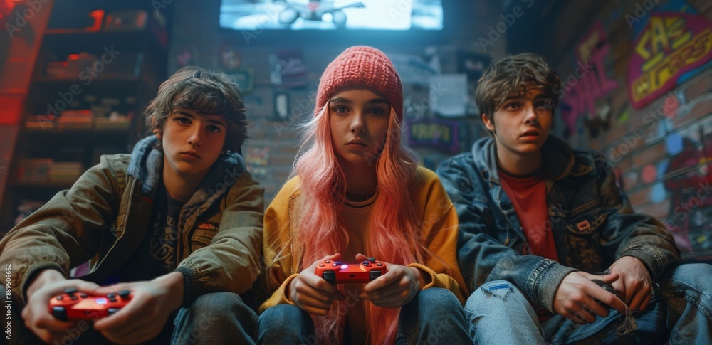Three Teenagers Playing Video Games in a Cozy Living Room Three Teenagers Playing Video Games in a Cozy Living Room