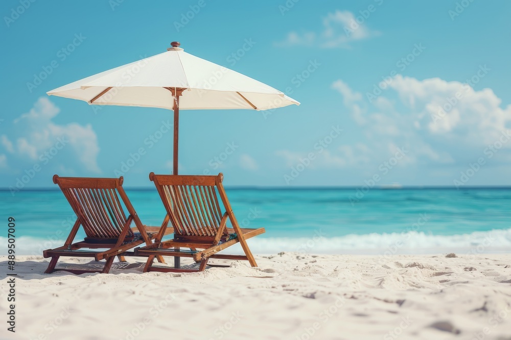 Scenic beachfront setup with lounge chairs and umbrellas creating a serene and inviting atmosphere perfect for relaxation and summer enjoyment Scenic beachfront setup with lounge chairs and umbrellas creating a serene and inviting atmosphere perfect for relaxation and summer enjoyment