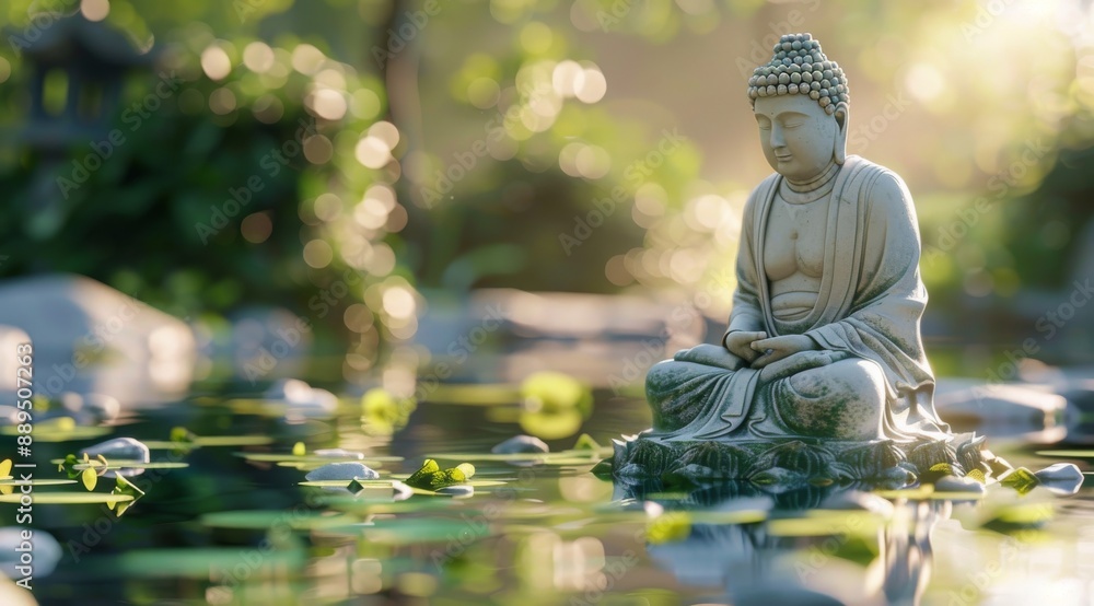 Buddha Statue Meditating in Tranquil Garden Pond Buddha Statue Meditating in Tranquil Garden Pond
