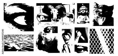 Set of y2k grunge elements. Eyes and mouth and shapes in grain photocopy texture. Brutal and brutalism punk halftone. Vector pack of vintage graphic. Black color isolated on white background.