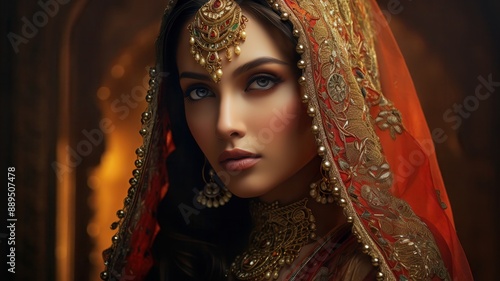 Cultural beauty, traditional attire, intricate makeup, rich colors, authentic setting, soft light, close-up shot, high detail