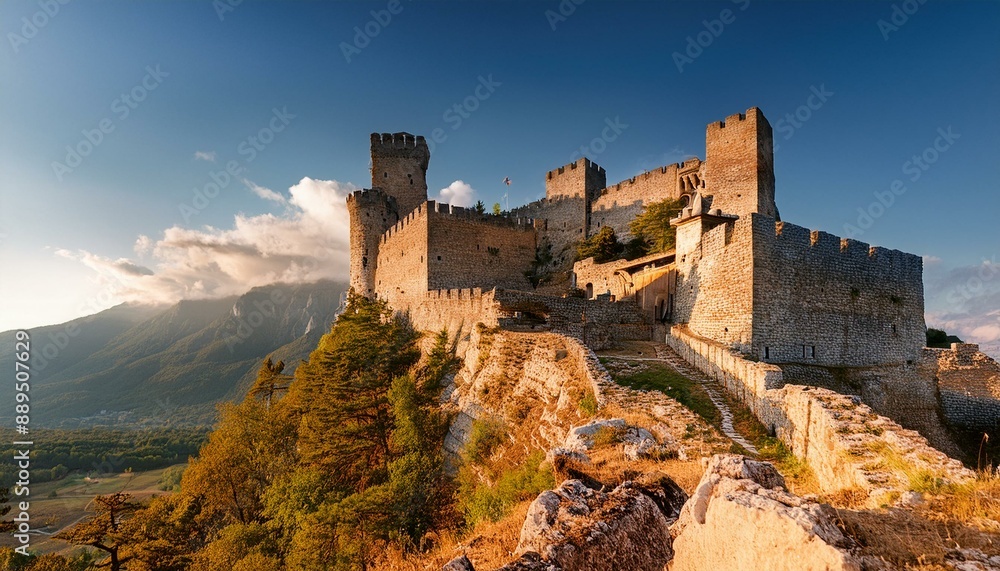 fortaleza antigua construida en la cima de una montaña, con murallas y torres fortaleza antigua construida en la cima de una montaña, con murallas y torres