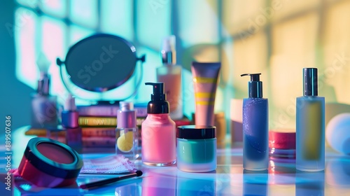 A camera capturing the details of beauty products displayed on a bright surface