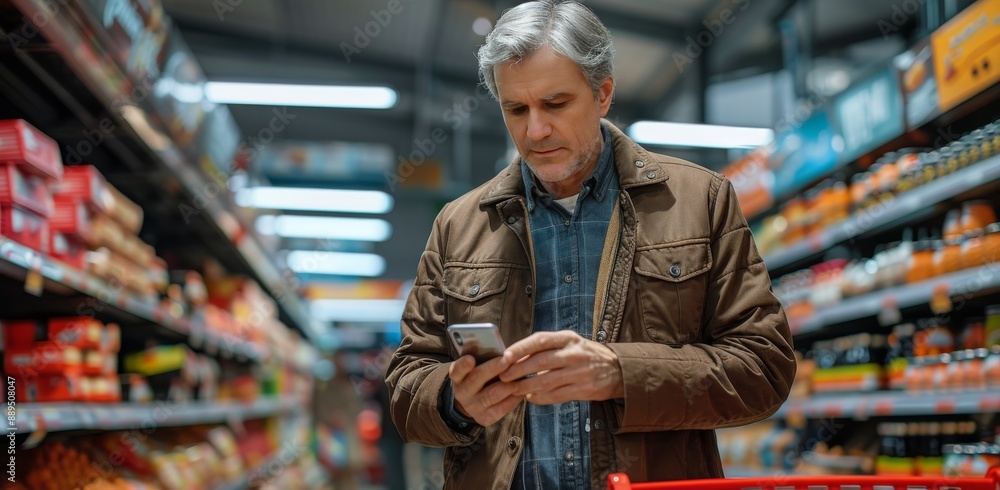 Mature Man Using Smartphone While Grocery Shopping in a Supermarket Mature Man Using Smartphone While Grocery Shopping in a Supermarket