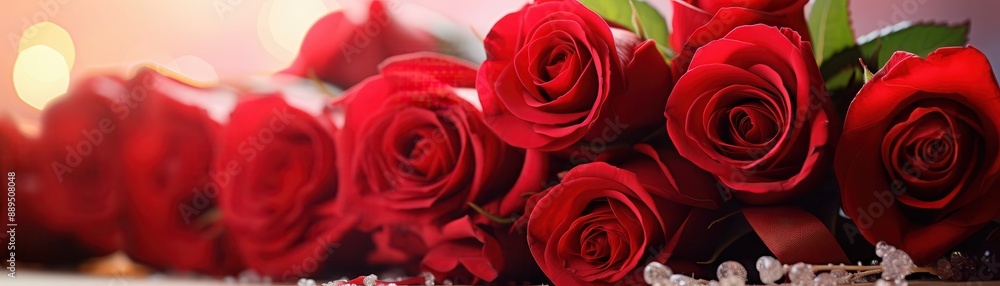 Red roses bouquet, lush petals, romantic setting, soft lighting, elegant vase, close-up shot, high detail Red roses bouquet, lush petals, romantic setting, soft lighting, elegant vase, close-up shot, high detail