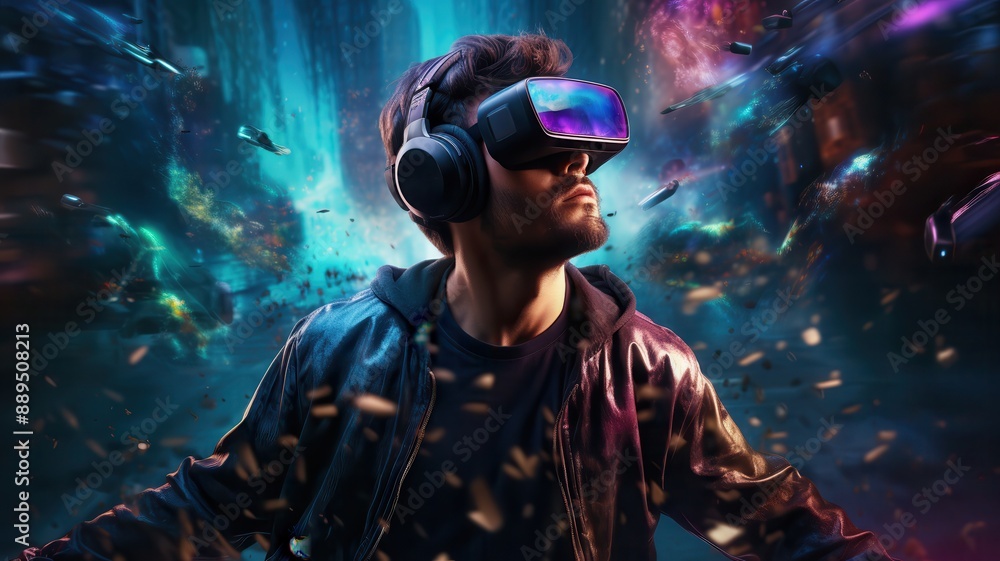 Virtual reality gaming, player immersed in VR headset, dynamic holographic environment, vibrant colors, wide-angle lens, high-tech atmosphere Virtual reality gaming, player immersed in VR headset, dynamic holographic environment, vibrant colors, wide-angle lens, high-tech atmosphere