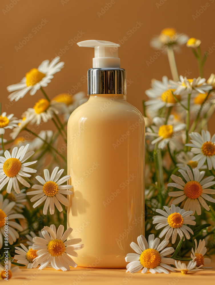 Lotion bottle surrounded by chamomile flowers. Lotion bottle surrounded by chamomile flowers.