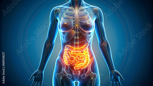 science anatomy of woman body with glow digestive system