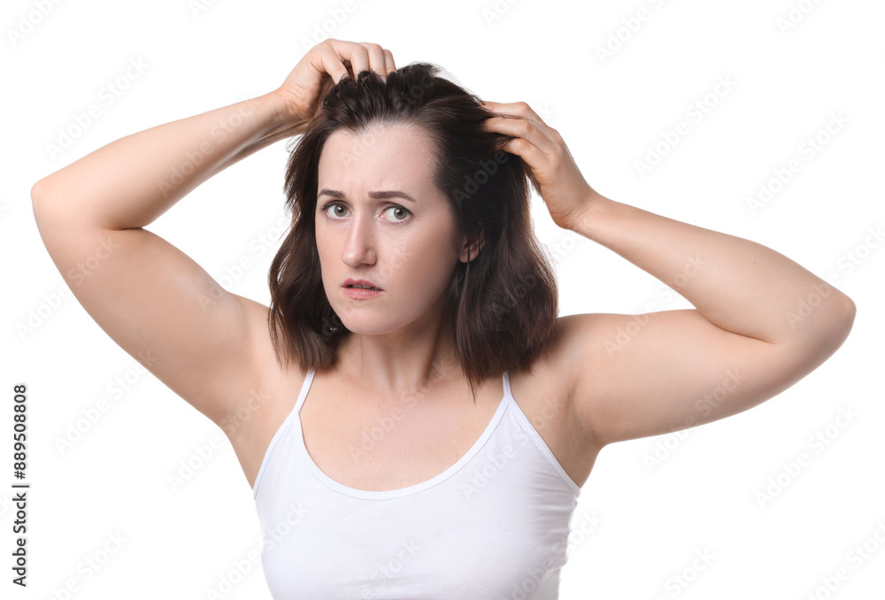 Woman with hair loss problem on white background Woman with hair loss problem on white background