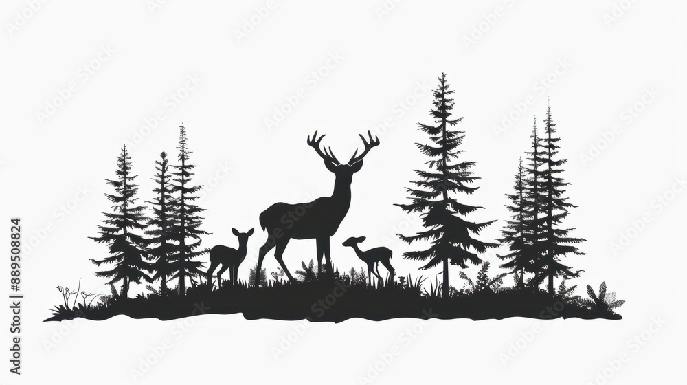 Black silhouette of deer family with baby and forest fir trees wildlife adventure hunting camping landscape panorama illustration icon vector for logo, isolated on white background (Generative Ai) Black silhouette of deer family with baby and forest fir trees wildlife adventure hunting camping landscape panorama illustration icon vector for logo, isolated on white background (Generative Ai)