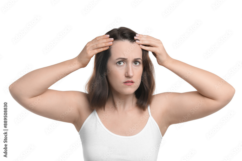 Woman with hair loss problem on white background Woman with hair loss problem on white background