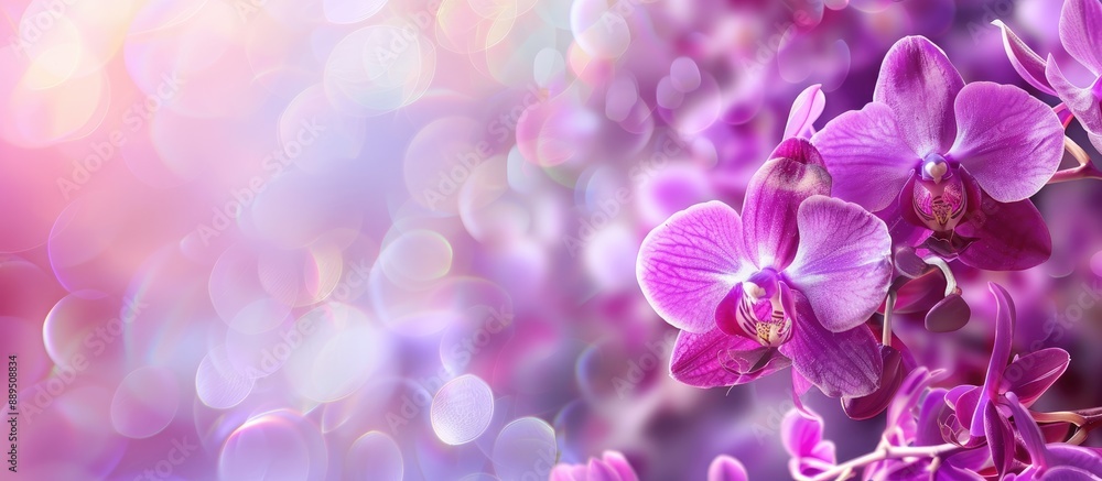 Focused on purple orchids, the background is blurred in this close-up image, providing ample copy space. Focused on purple orchids, the background is blurred in this close-up image, providing ample copy space.