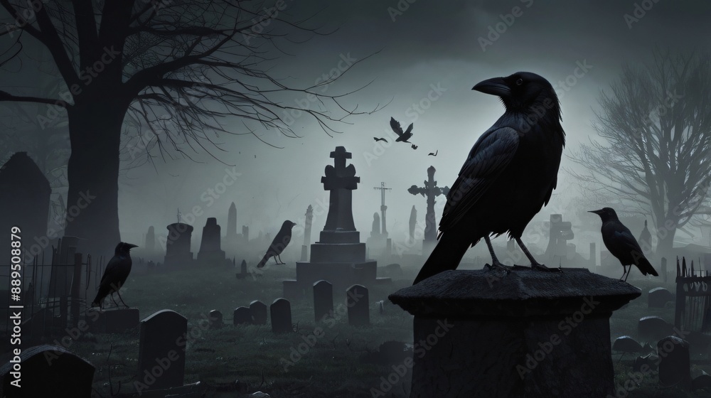 illustration silhouette of crow bird with quiet cemetery and mist background illustration silhouette of crow bird with quiet cemetery and mist background