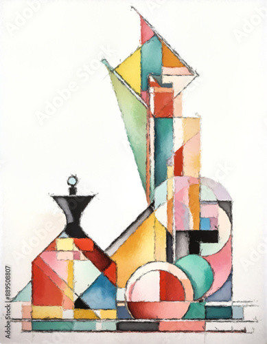 Digital Illustration of Perfume Bottle against a geometric abstract background