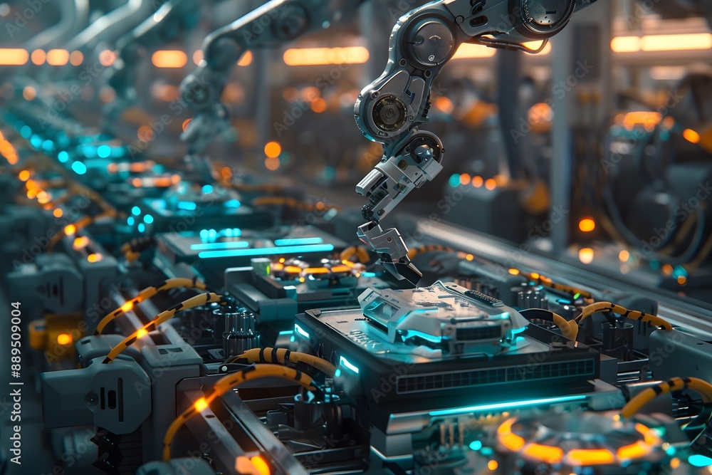 Advanced robotics arms meticulously assembling intricate components of next-gen HDDs in a sterile, high-tech clean room environment Advanced robotics arms meticulously assembling intricate components of next-gen HDDs in a sterile, high-tech clean room environment