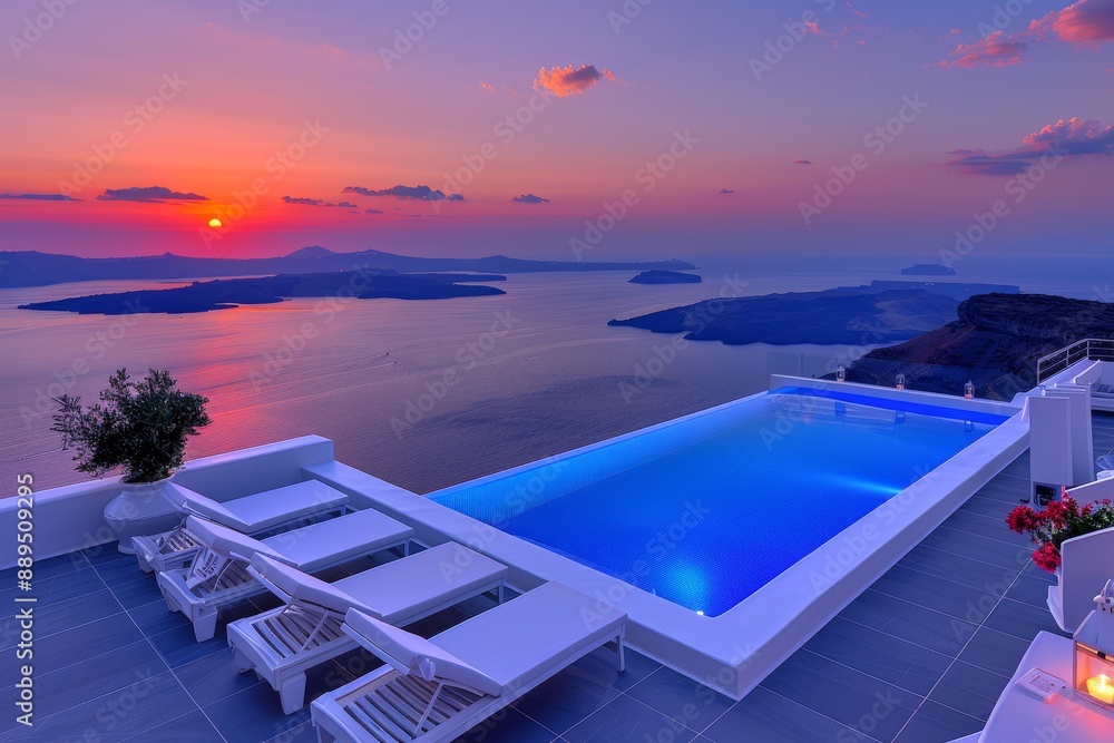 Fototapeta premium Luxurious rooftop infinity pool with sunset view providing a serene and exclusive escape perfect for relaxation