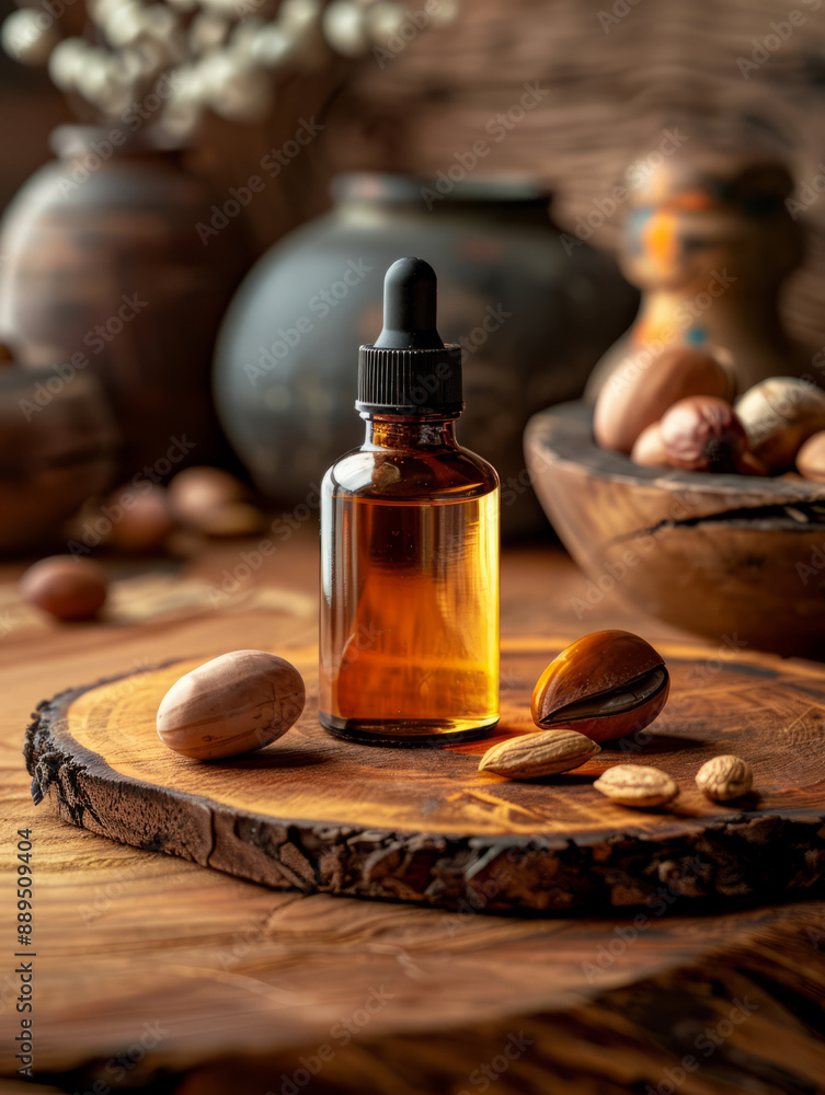 Amber dropper bottle with essential oil, surrounded by nuts on wood Amber dropper bottle with essential oil, surrounded by nuts on wood