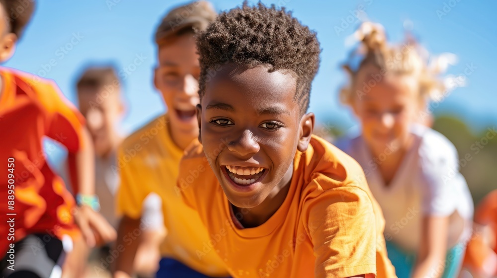 A group of happy children in various colorful outfits, energetically running outdoors on a sunny day, expressing excitement, freedom, and the joy of childhood friendship. A group of happy children in various colorful outfits, energetically running outdoors on a sunny day, expressing excitement, freedom, and the joy of childhood friendship.