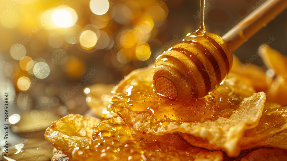 Honey dipper pouring honey over crispy chips. Honey dipper pouring honey over crispy chips.