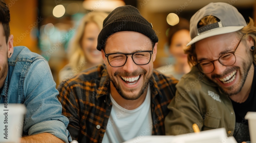 A lively group of friends, dressed casually, share a hearty laugh in a cozy indoor setting. The image captures their joy, camaraderie, and the warmth of their friendship. A lively group of friends, dressed casually, share a hearty laugh in a cozy indoor setting. The image captures their joy, camaraderie, and the warmth of their friendship.