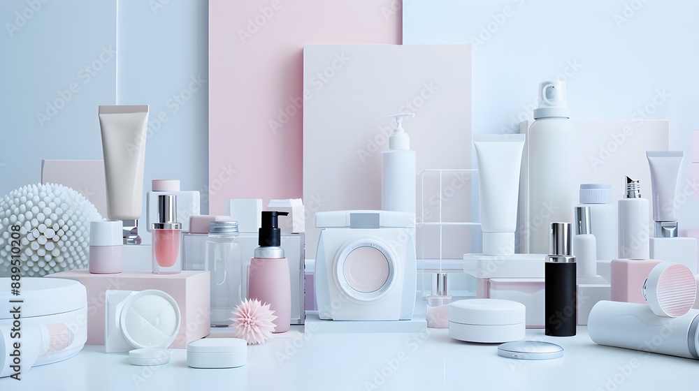 Beauty products displayed symmetrically with a camera capturing the scene in a bright studio Beauty products displayed symmetrically with a camera capturing the scene in a bright studio