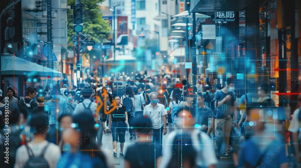 Crowd of tracked with technology walking on a busy city street. CCTV AI Facial recognition big data Analysis Interface Scanning Crowd of tracked with technology walking on a busy city street. CCTV AI Facial recognition big data Analysis Interface Scanning