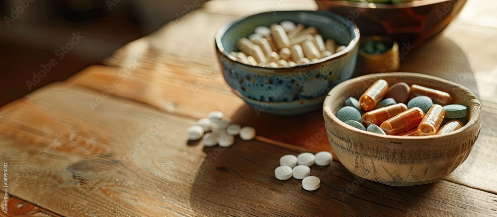Wooden table displaying a variety of vitamin pills in a small cup, ideal for a healthcare concept, with ample room for a copy space image. Wooden table displaying a variety of vitamin pills in a small cup, ideal for a healthcare concept, with ample room for a copy space image.