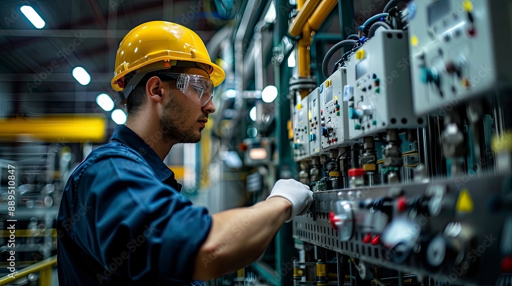 A factory worker monitoring an energy management system that optimizes power consumption from renewable sources, ensuring efficient and sustainable production. A factory worker monitoring an energy management system that optimizes power consumption from renewable sources, ensuring efficient and sustainable production.