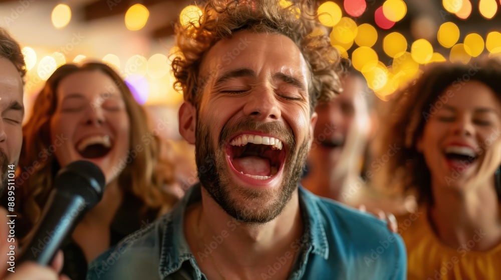 A joyful scene of a man singing with great passion, accompanied by friends at an indoor party, highlighted by warm, twinkling lights in the background. A joyful scene of a man singing with great passion, accompanied by friends at an indoor party, highlighted by warm, twinkling lights in the background.