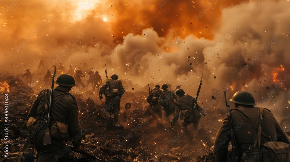 Naklejka premium dramatized battle scene, soldiers are seen taking positions amidst smoke and fiery background, highlighting conflict and bravery.