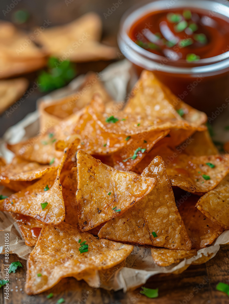 Nachos with herbs served with a side of salsa dip. Nachos with herbs served with a side of salsa dip.