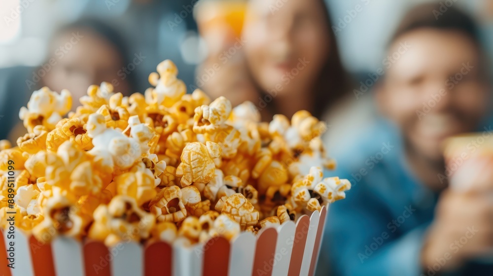 Focused image of a striped popcorn container filled with popcorn, with the background people and environment blurred, highlighting the snack as part of a group activity. Focused image of a striped popcorn container filled with popcorn, with the background people and environment blurred, highlighting the snack as part of a group activity.