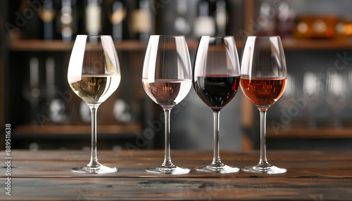 Glasses with different wines on blurred background, closeup