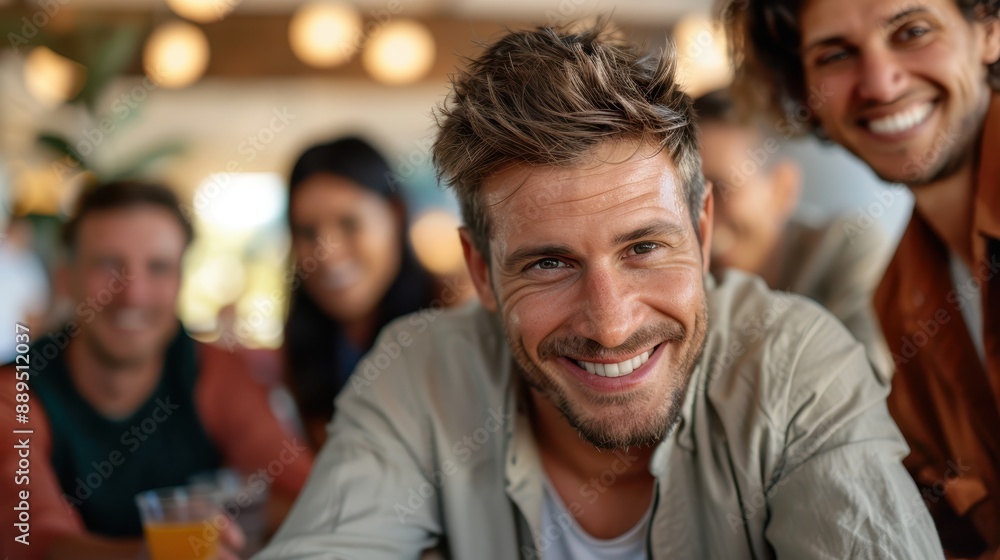 Obraz premium A smiling man is seen in the foreground with friends socializing in the background, giving a glimpse of a lively and jovial time at a restaurant. The ambiance is warm and inviting.
