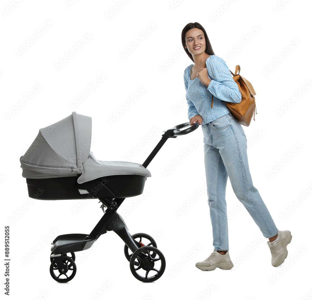 Happy young woman with baby stroller on white background Happy young woman with baby stroller on white background